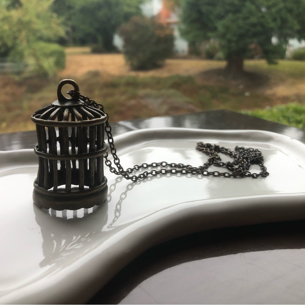 Bronze Birdcage Canary Pendant Necklace - Women Jewelry